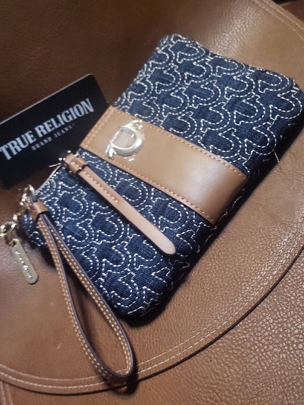 True Religion Navy Denim & Tan Leather Wristlet